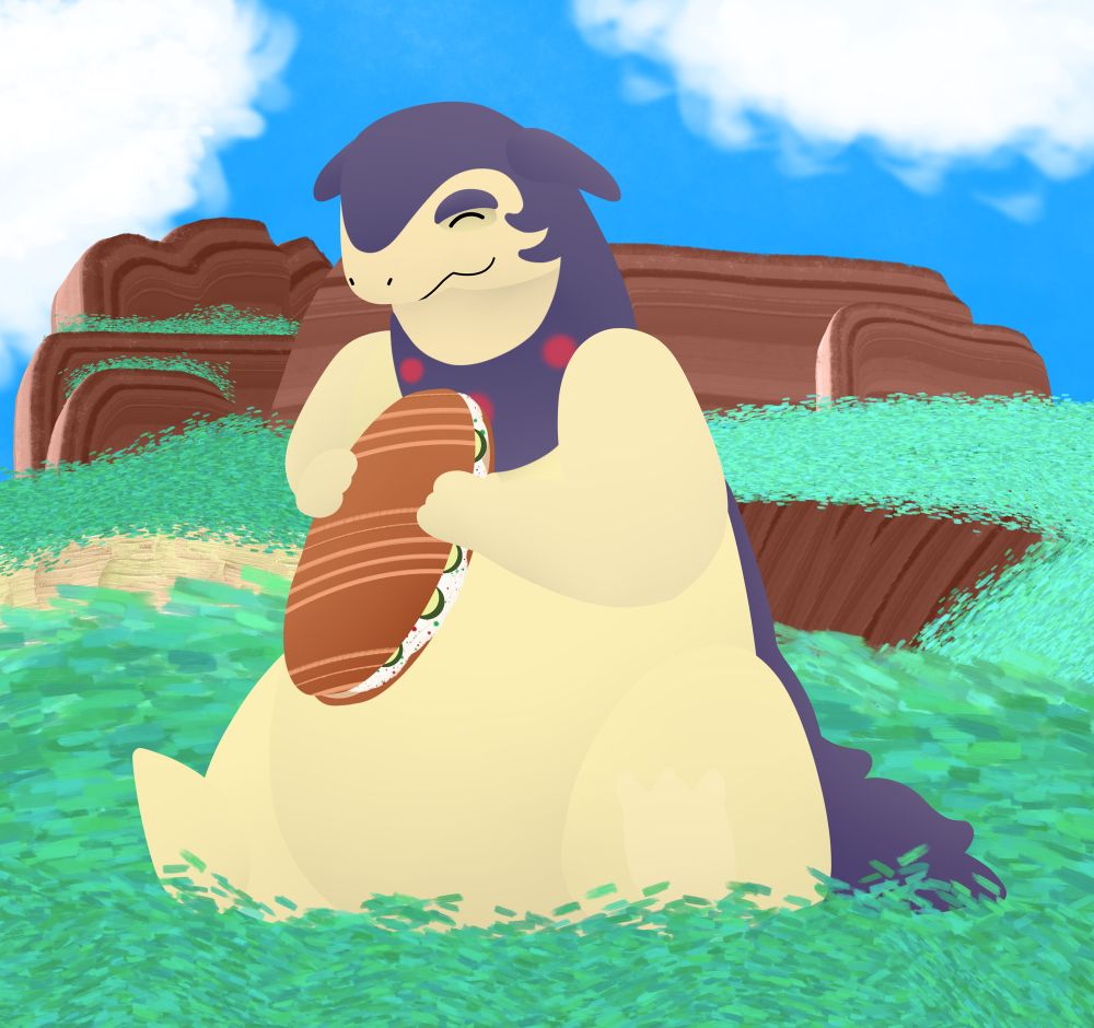 Blaze (a Hisuian Typhlosion) sits on the grass in Paldea.  He happily eats a potato salad sandwich with extra cucumbers in it