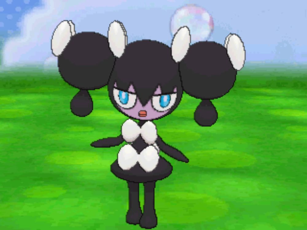 a black and white cartoon character with blue eyes is standing on a green field