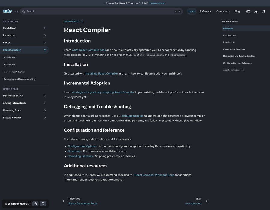 screenshot of new React Compiler docs.  you can see the actual docs here: https://react.dev/learn/react-compiler