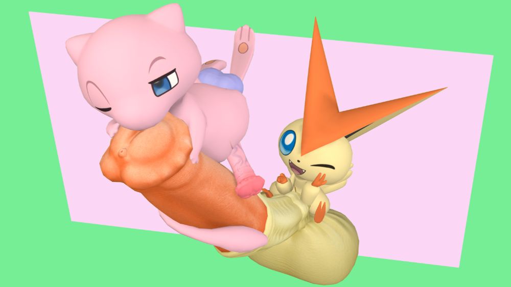 A Victini with a hyper horsecock is sitting on his massive balls, watching with amusement as a Mew with a horsecock of its own worships its huge tip, barely able to wrap its arms around it~