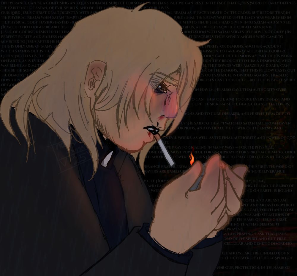 Lucas Wright (OC) standing in the rain crying while trying to light a cigarette. In the background there's a distorted picture of a park and on top of it there's faint text in white that spells out various sentences before it starts a prayer against evil.