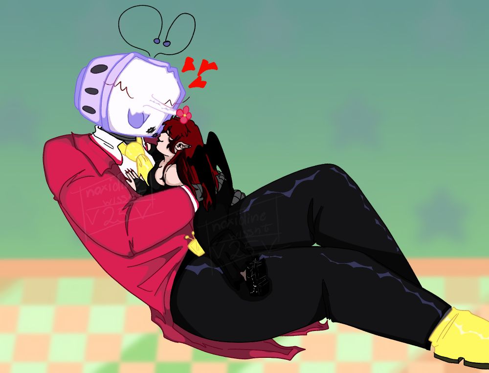 Tenna from Deltarune and myself (Gaby) laying down and smiling.