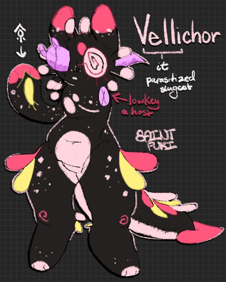 colorfull anthropomorphic slugcat named vellichor, who has a worm serving as its second eye. the slugcat is black, white, pink and yellow. the worm is pink-purple