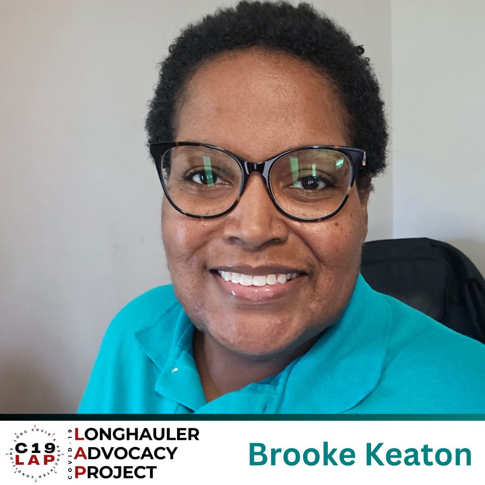 A professional headshot of Brooke Keaton, a middle-aged black woman smiling in front of a light-colored background. She is wearing glasses and a teal collared shirt. The bottom banner includes the C19LAP logo on the left and her name “Brooke Keaton” in teal on the right, with a white background and teal border.