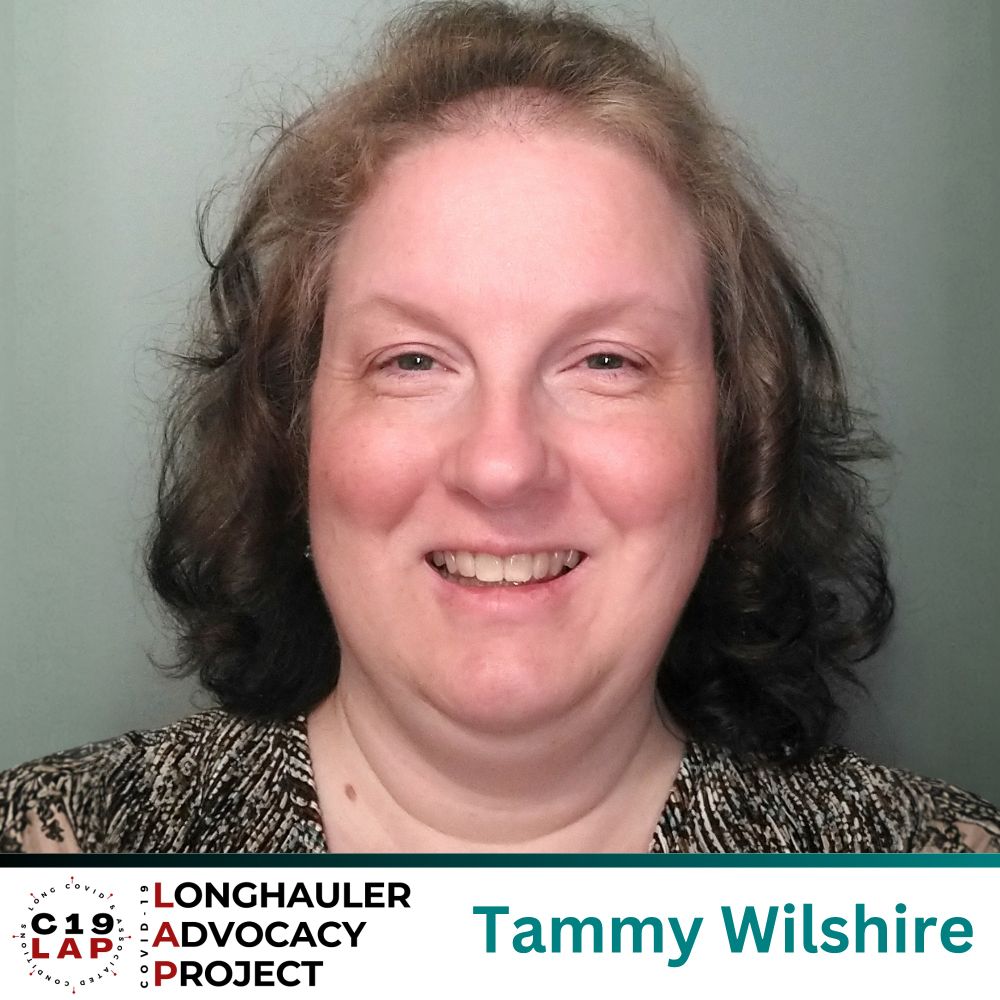 A professional headshot of Tammy Wilshire, a middle-aged white woman smiling in front of a neutral background. She has shoulder-length curly brown hair and is wearing a patterned blouse. The bottom banner includes the C19LAP logo on the left and her name “Tammy Wilshire” in teal on the right, with a white background and teal border.