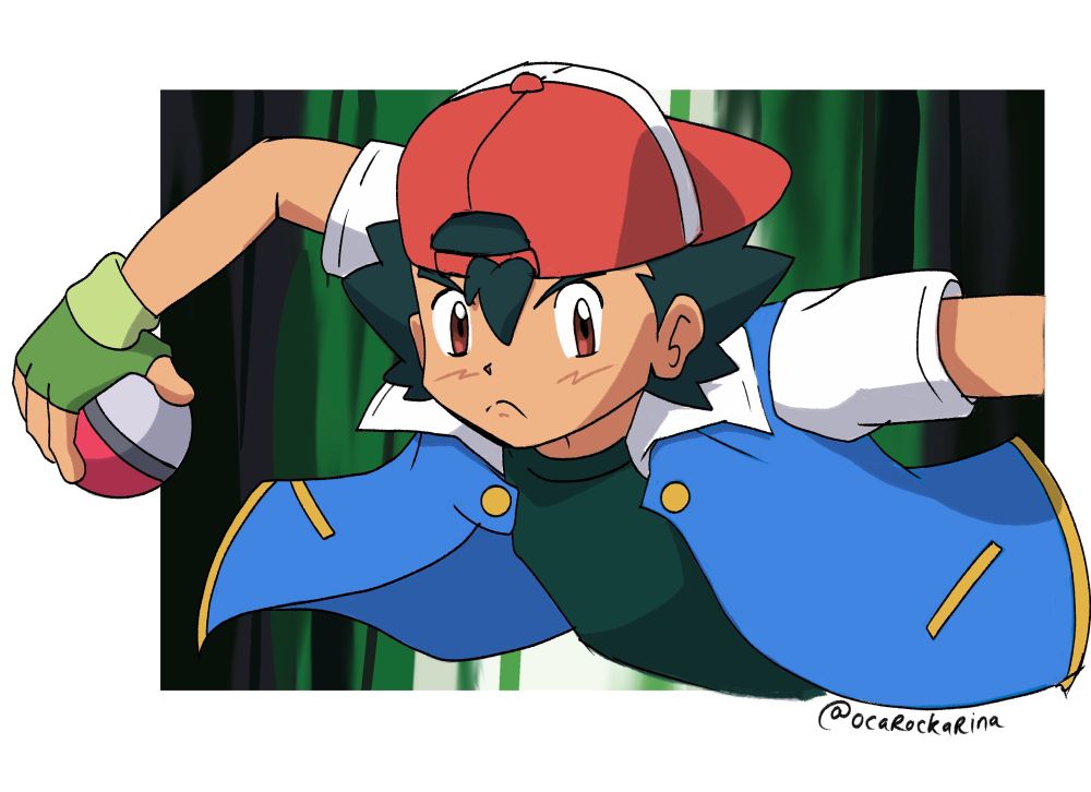 Fanart of Ash Ketchum in his iconic Poke Ball throwing pose from the original series