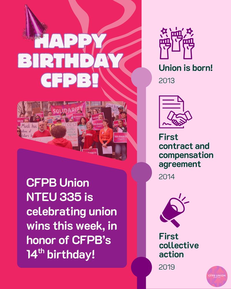 CFPB Union NTEU 335 is celebrating union wins this week, in honor of CFPB’s 14th birthday! 