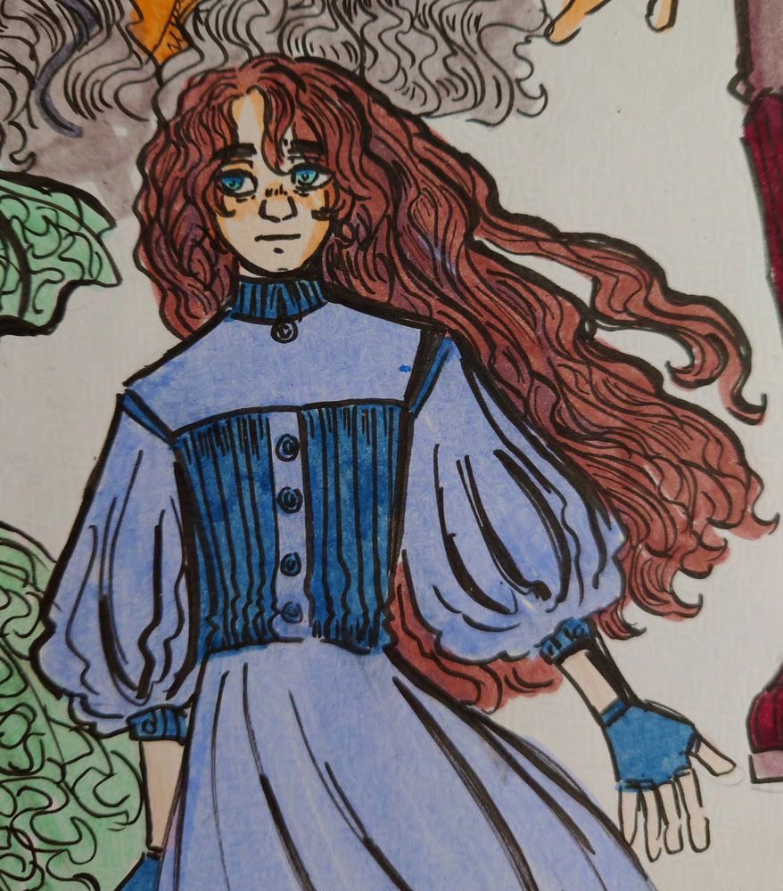 Traditional art of a pale skinned, brown haired girl, with a blue dress