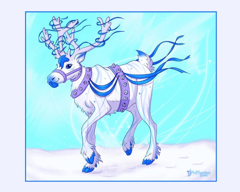 old digital drawing of a blue and white reindeer with bells and ribbons