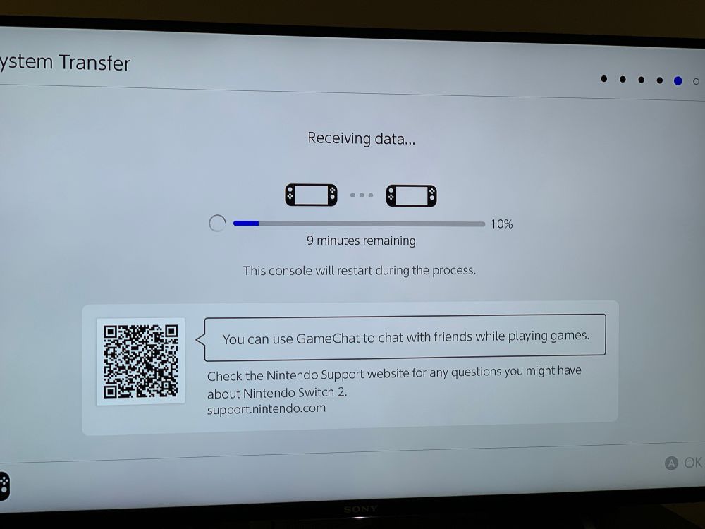 A screen that says receiving data as I transfer my saved data from the Nintendo Switch One to the Nintendo Switch Two. 


