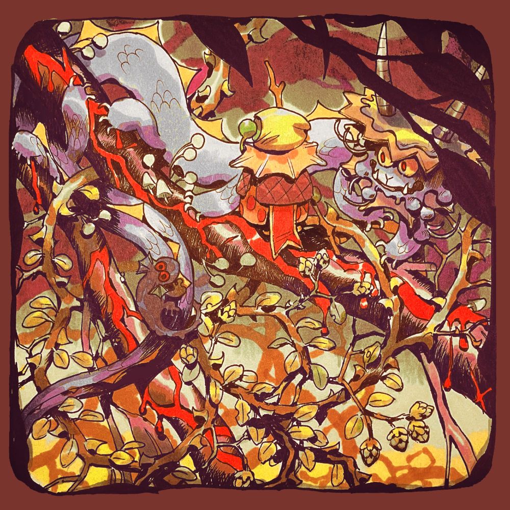 illustration of a character in a thorny forest, surrounded by a peculiar dragon-like creature