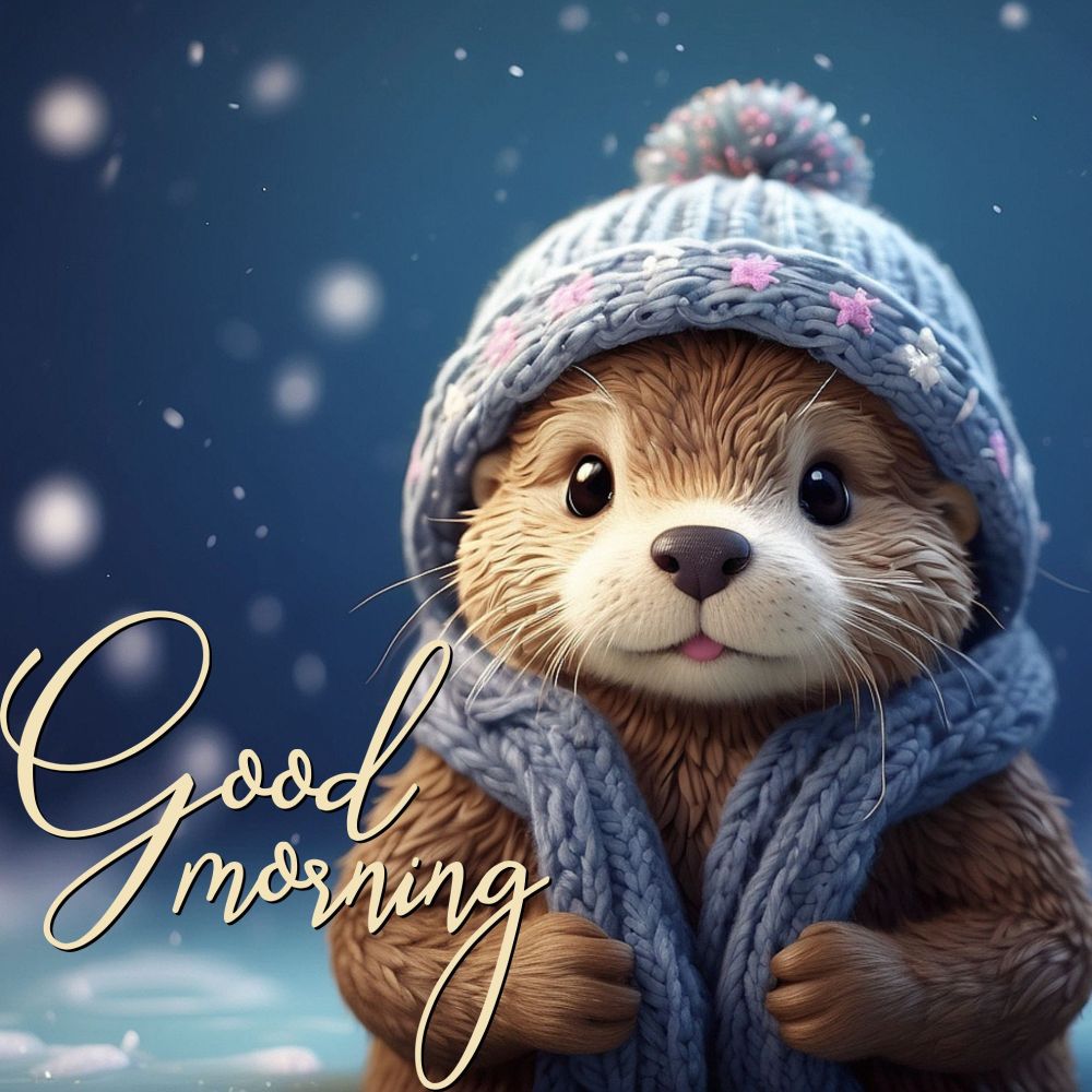 a cute little baby otter wearing a winter hat and scarf saying Good Morning. 