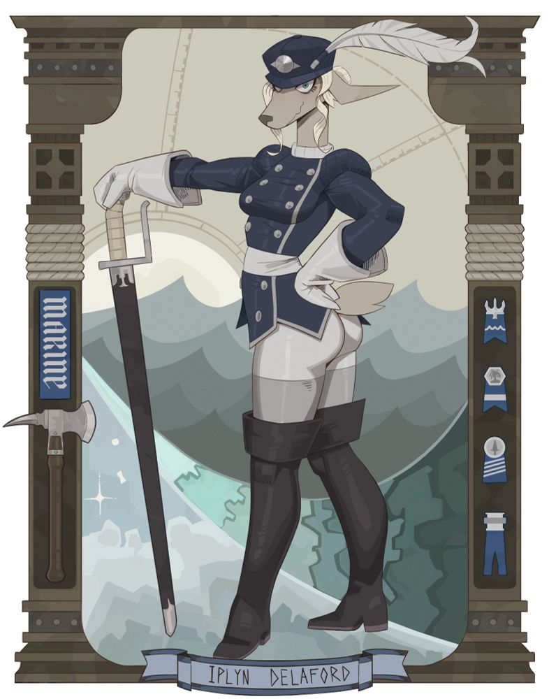 April Monthly Print featuring Iplyn Delaford from Tinderkell, a naval captain of the Qothic Emprie being proud of her achievements. (Clockwise: Imperial Navy Medal, Siltrian 8th Crusade Service Medal, Sword Mastery, Lighthouse Medal, Captain's Boarding Axe, Marine Brassard, Signature Look of Superiority.