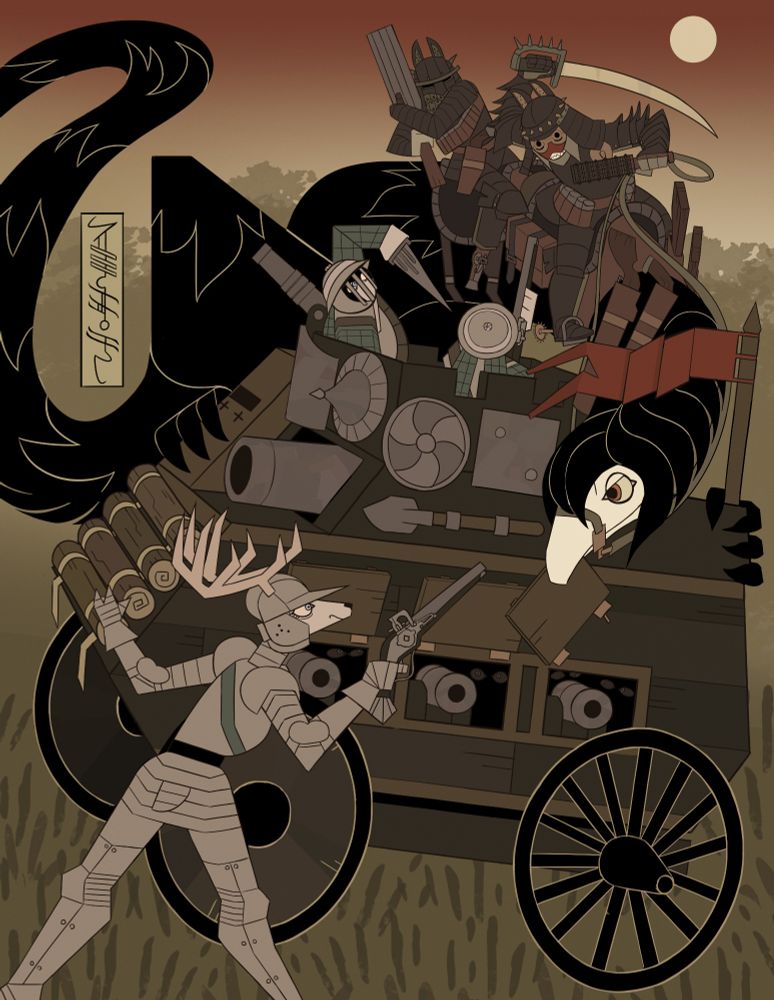 Art of Gnomanya Print from Tinderkell featuring Gnomanyan mercs riding a Trampler as it climbs on board of a Qothic battle crank
