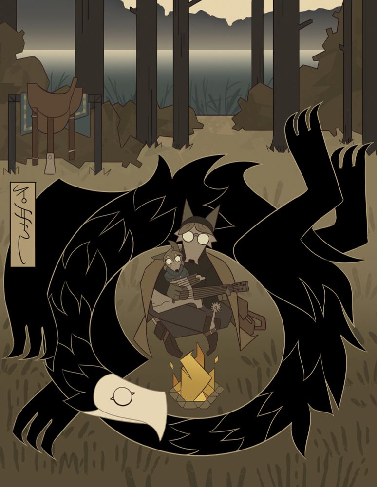 Print from the Art of Gnomanya series for the webcomic Tinderkell featuring a young Glass, her dad, and their trampler Crust gathered around a campfire in the woods while Glass and her dad play an instrument together. The art is drawn in the Gnomanyan art style.