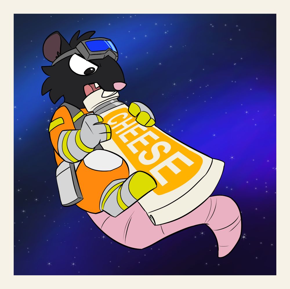 A black rat furry in a space suit attempting to bite open a tube of space cheese, floating in space