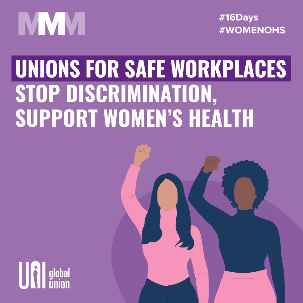 Graphic promoting 16 Days of Activism. It reads Unions for safe workplaces, support women's health. 