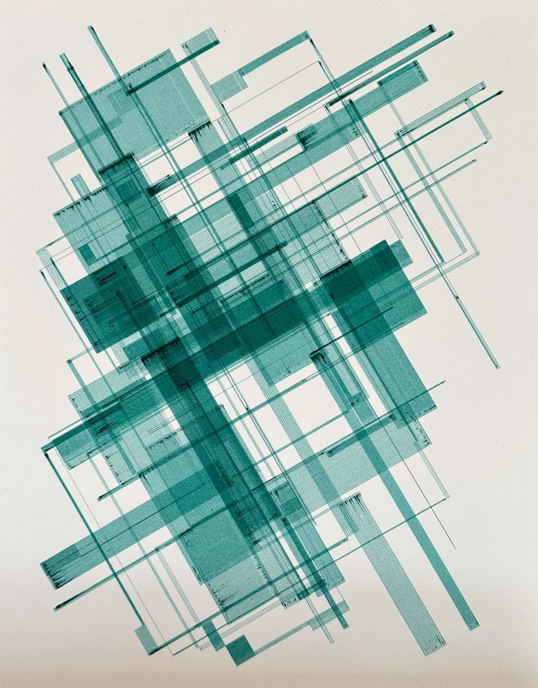 An abstract geometric pattern comprised of a single line that traces numerous rectangles in green ink.
