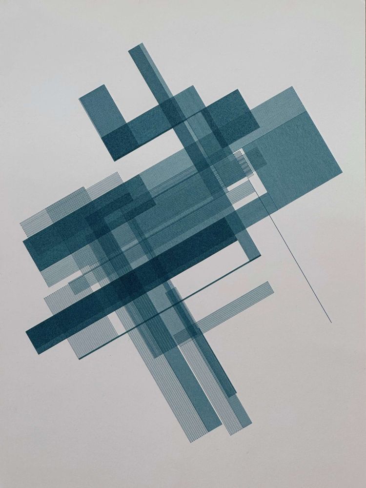 A single line in a blue-green color that folds on itself to form rectangular regions, which themselves aggregate to form an abstract shape that spreads down from the top of the page to the bottom.