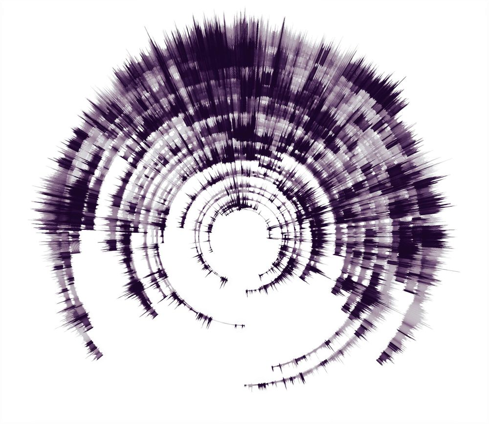 An expanding spiky spiral in black that grows outward and has various areas of intense spikiness, where many values have been selected.