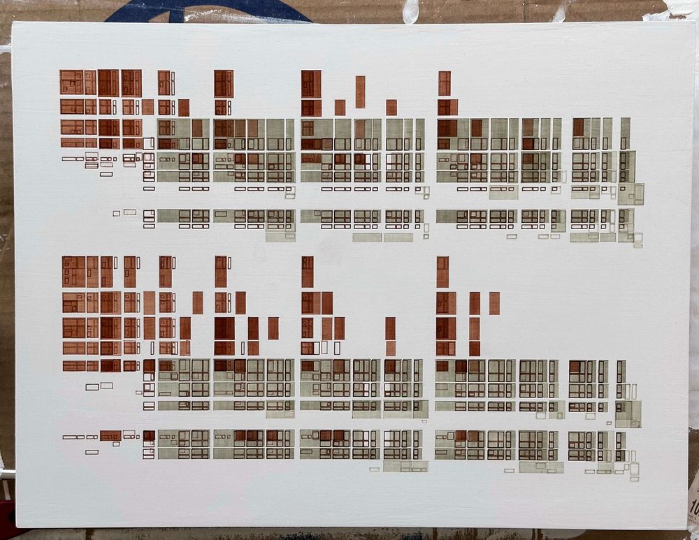 A painted wood panel with a white background. There is a green and brown geometric pattern painted in acrylic paint that resembles a technical drawing or architectural rendering.