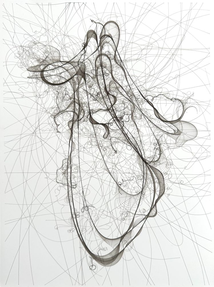 A photo of a pen plot of a physics simulation gone wrong. There are many overlapping black lines that seem to move chaotically across the page, while darker regions seem to form an abstract pattern of loops and curves.