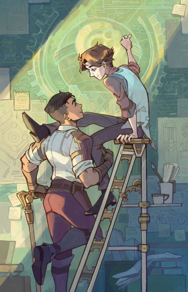 s1 early timeskip viktor and jayce in front of a huge blackboard covered in plans for the hexgate: viktor is perched atop a step ladder, gazing down at jayce; jayce stands at the base of the ladder with viktor's bad leg braced on his shoulder, clasping viktor's other calf protectively to his chest. 