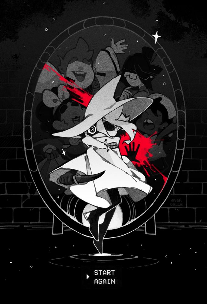 isabeau, odile, bonnie, and mirabelle are reflected in the dark mirror found in the king's castle. siffrin, separated from their smiling family, casts a haunted stare at the viewer. he holds a dagger in one hand and the other smears a violent red streak across the mirror's surface, the only color in a colorless world. stars and cosmic dust sparkle faintly around siffin and at their feet, where he is prompted, as always, to "> START AGAIN"