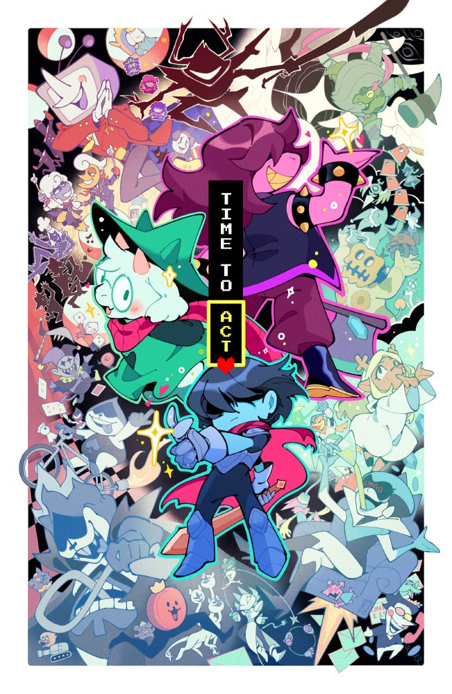 kris, susie and ralsei are poised to ACT! major + minor NPCS from each chapter loom behind them in a mix of rgb~ 