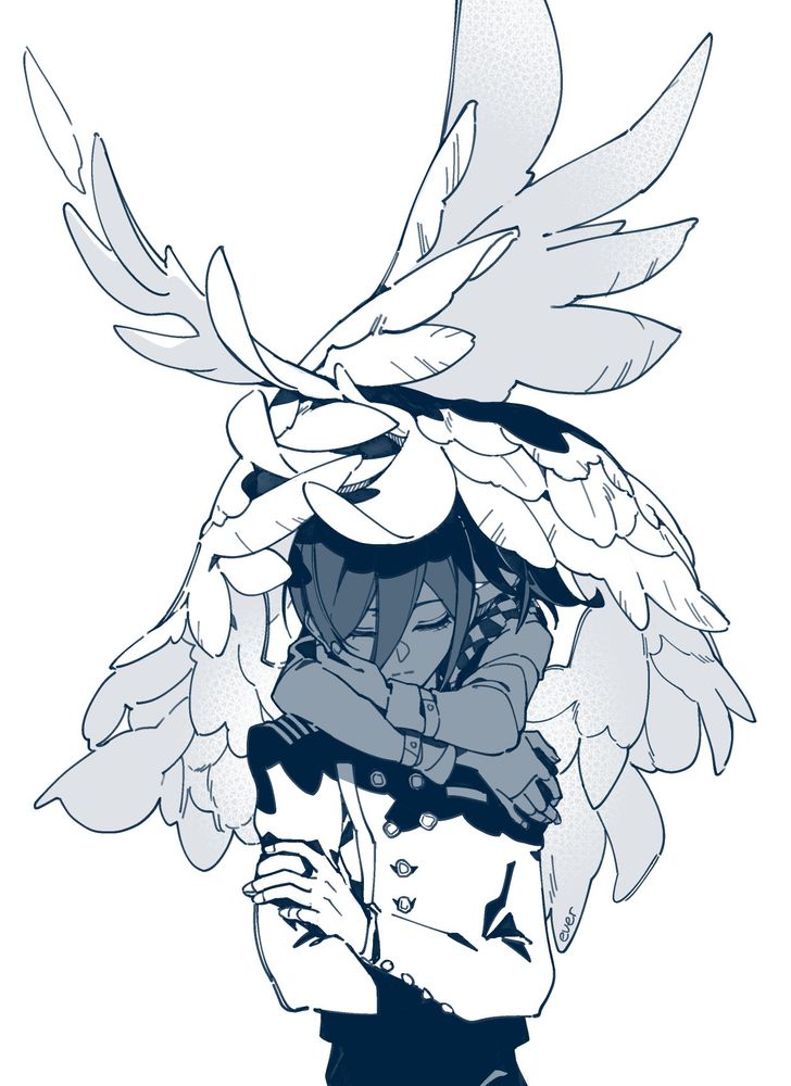 saihara stands with eyes closed and arms crossed, washed out in bright light; the color of his hair and uniform and skin is seen only in ouma's shadow, who curls his arms over saihara's shoulders form behind--one hand bracing saihara's shoulder and the other cupping his cheek, protective and possessive, as white wings envelope them both.