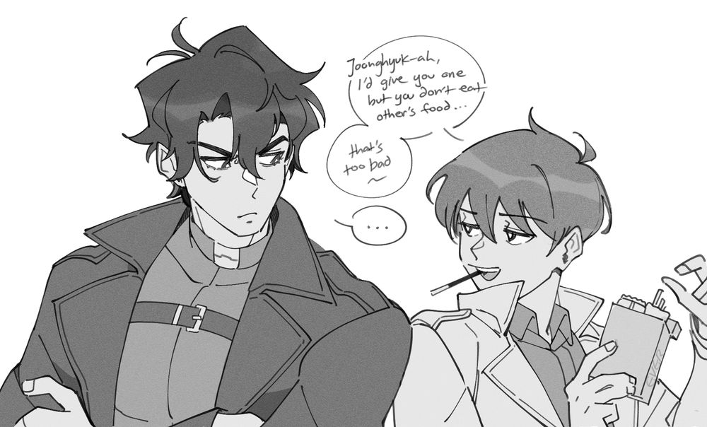 in a classic kim dokja manuever, kim dokja eats pocky by himself and tempts fate by taunting yoo joonghyuk about it: "joonghyuk-ah i'd give you one but you don't eat other's food... that's too bad~" (asshole) 