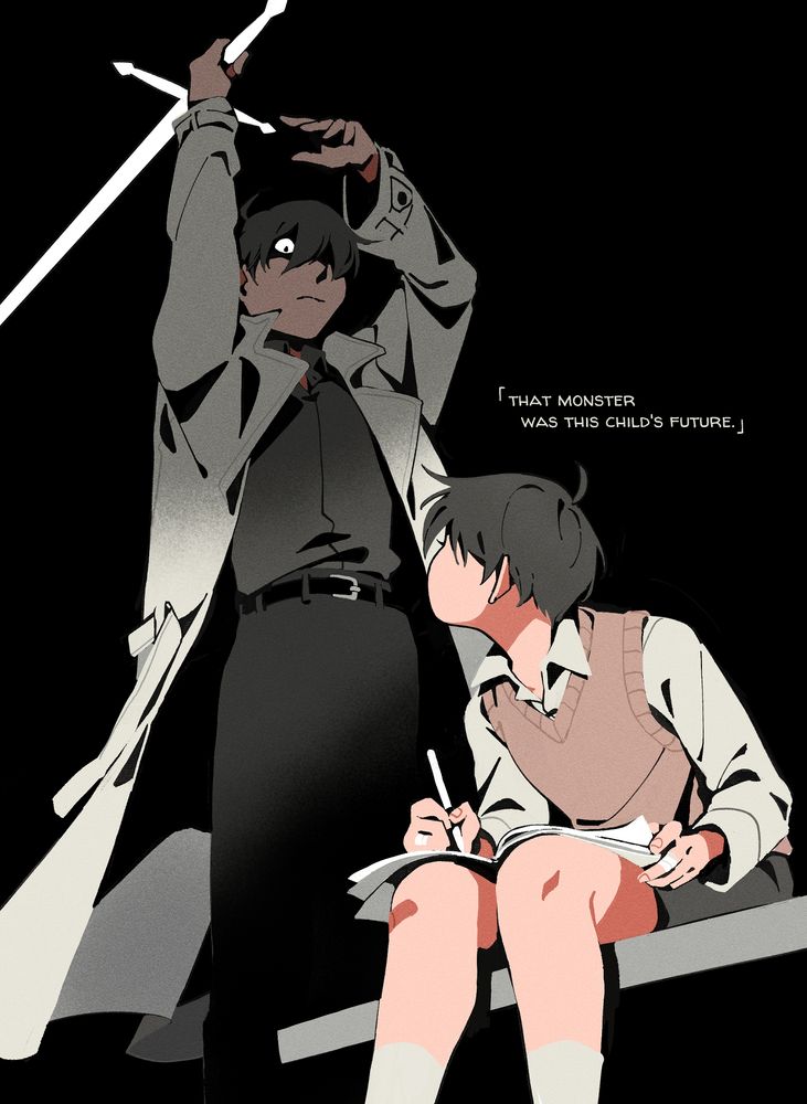 The Oldest Dream sits on a bench with a notebook balance on his knees, looking up and away from the viewer. Behind him, Kim Dokja raises his sword, ready to execute the mirage of his childhood...

text: That monster was this child's future.