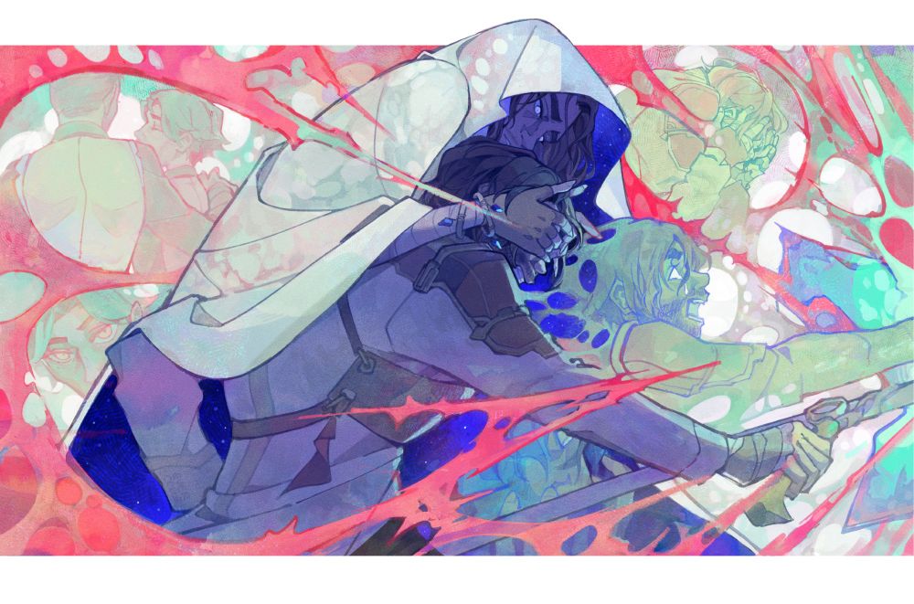 jayce braces himself to pull the trigger on the hexcorized hammer. the space around him distorts with the neon pinkbluegreen of the anomaly; fractured versions of jayce claw at his face and reach out, screaming, to the victim they're about to create. old mage viktor curls over jayce's shoulder to cover his eyes with his hands, his white cloak forming a cosmic veil around their figures.