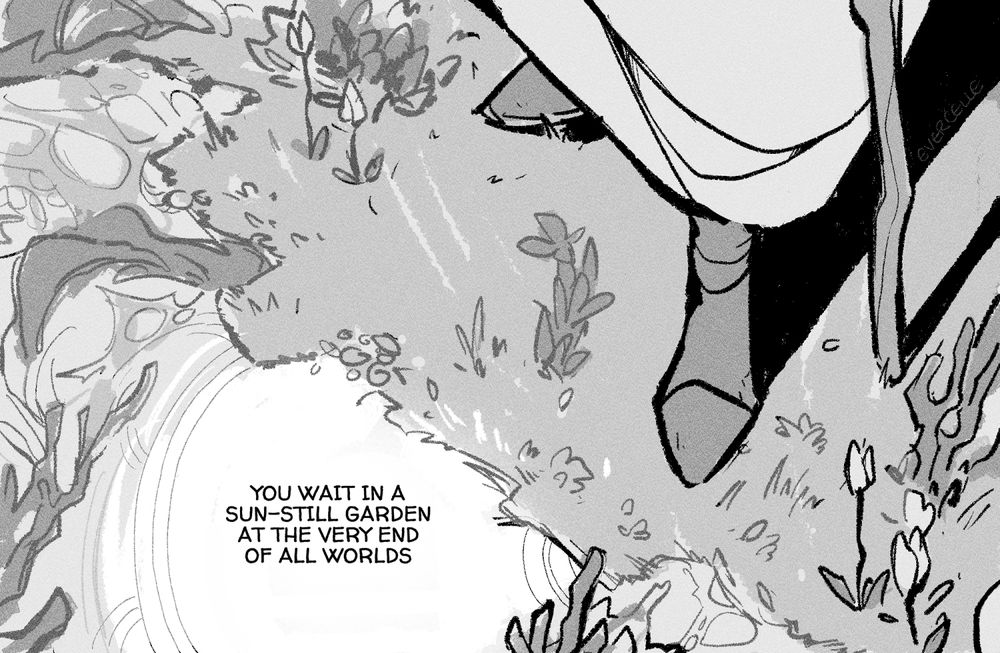 a comic, pt 1/7:
close crop of the mage in his garden.

TEXT: "You wait in a sun-still garden at the very end of all worlds"