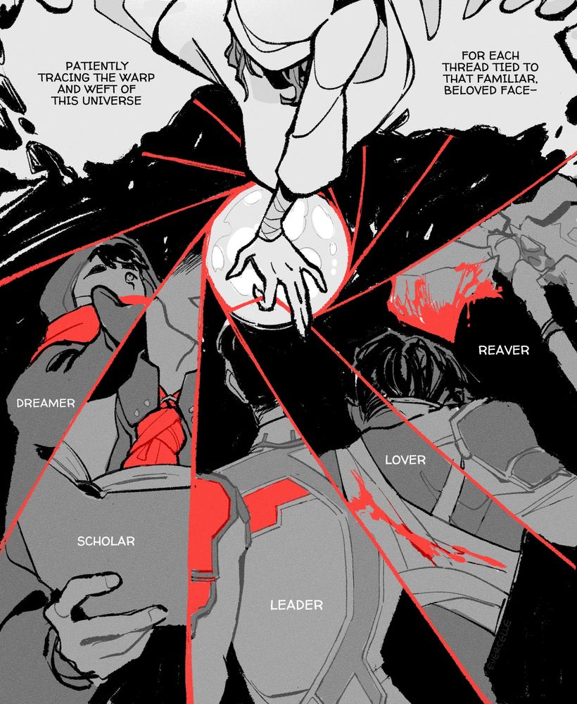 2/7: mage viktor plucks at spiraling red threads, chasing visions of jayce through the years.
TEXT: "Patiently tracing the warp and weft of this universe
for each thread tied to that familiar, beloved face--
dreamer
scholar
leader
lover
reaver"