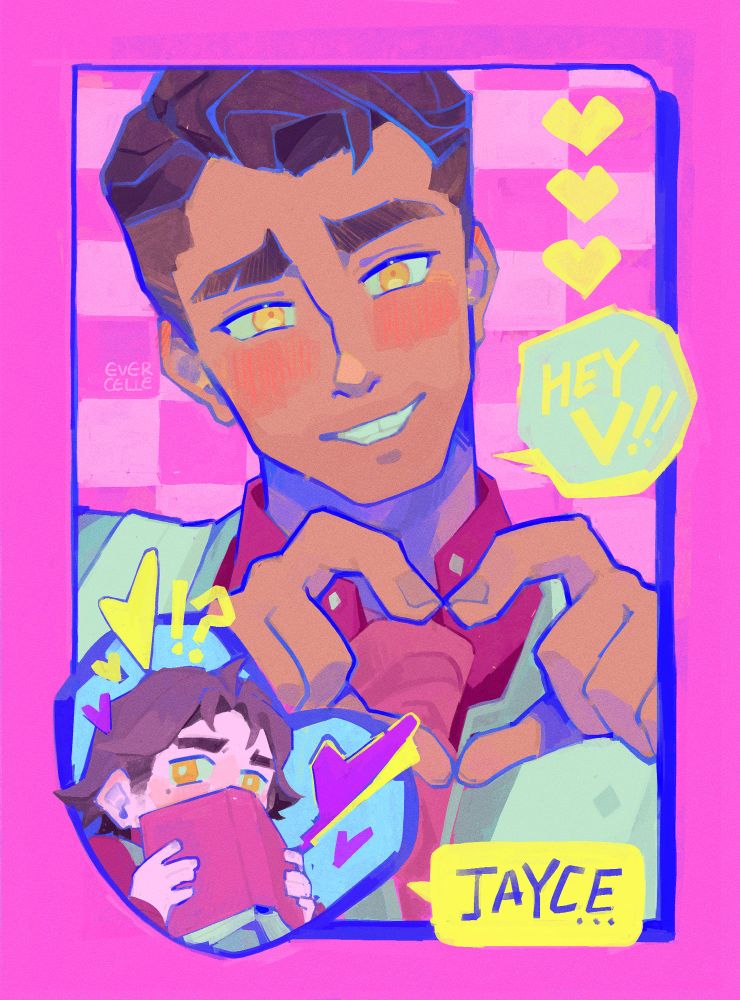 portrait of early s1 jayce making a big heart with both hands + text bubble: "HEY V!!"; heart cutout in the corner shows a teeny viktor hiding his blush behind a book + text bubble: "jayce..."