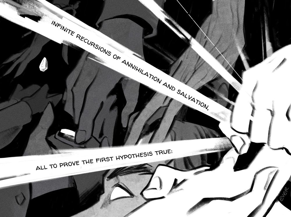 3/4: an impossible sequence of events refracts across time: mage viktor's hand drops the rune into jayce's waiting palms becomes jayce reaching for his runestone bracelet from viktor's open hand becomes the arcane herald's fingertips resting on survivor jayce's forehead becomes this final moment--jayce placing the acceleration rune in viktor's hand

text reads: "infinite recursions of annihilation and salvation, 
all to prove the first hypothesis true:"
