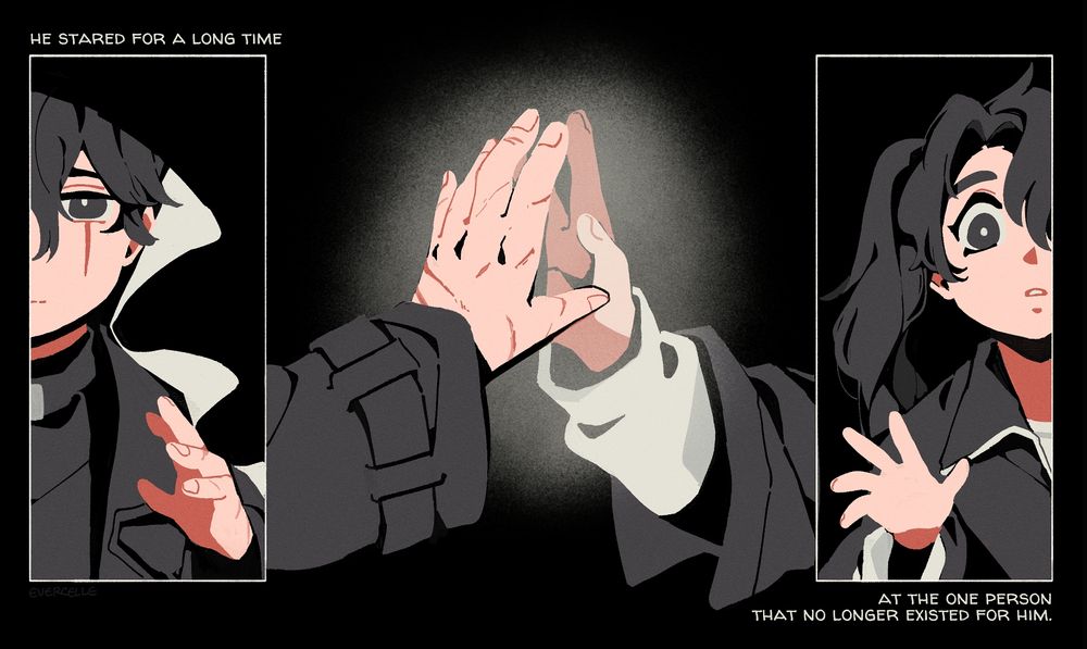 a triptych depicting the weakened secretive plotter and yoo mia, each reaching out to touch the barrier that seals him.

text: "he stared for a long time / at the one person that no longer existed for him."