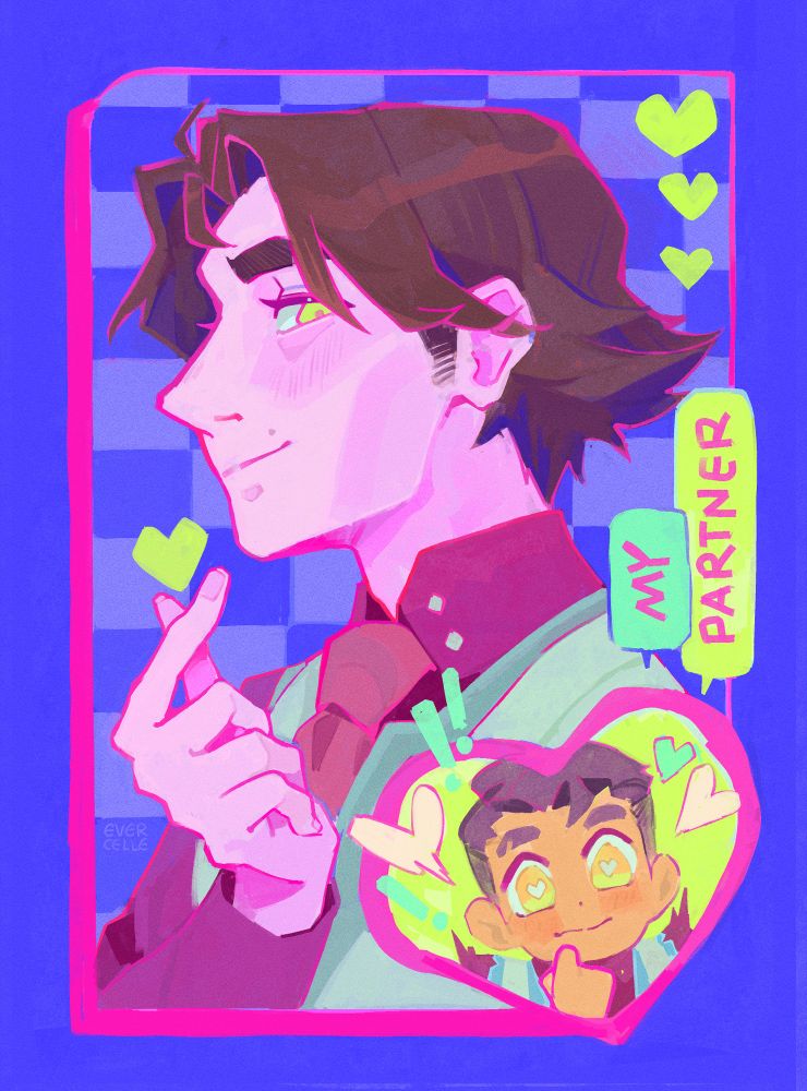 portrait of early s1 viktor forming a tiny finger heart; heart cutout in the corner shows a teeny jayce with big ole heart eyes + text bubble: "my partner"
