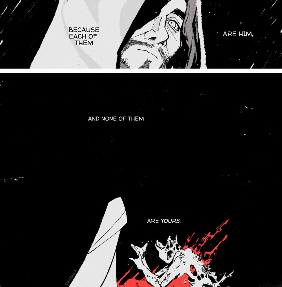 4/7: panel 1: close crop on a slice of mage viktor's face, watching another jayce go.
TEXT: "Because each of them are him,"

panel 2: viktor's silhouette turns back to the hexcorized jayce, pierced through with red growths.
TEXT: "and none of them
are *yours.*"
