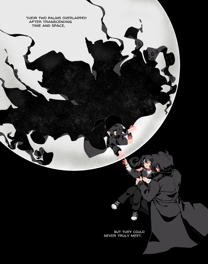 yoo mia falls into a gentle sleep in her brother's arms; secretive plotter looks on, tracing a world line that isn't his.

text: "their two palms overlapped after transcending time and space, / but they could never truly meet."