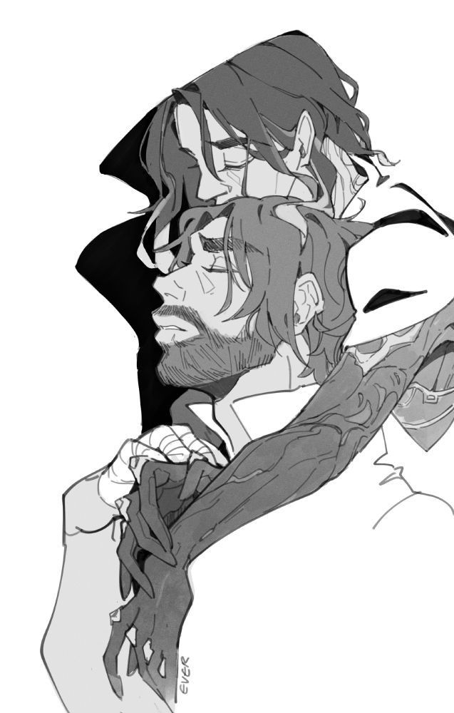 commune viktor drapes his arms over s2 jayce's shoulders in a distant embrace, their forms delineated by the fall of jayce's old blanket