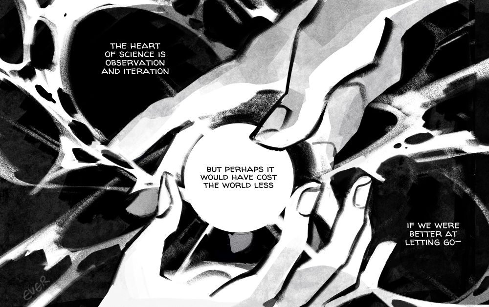 1/4: caught between jayce and viktor's hands, the anomaly spits out arcane trails

text reads: "The heart of science is observation and iteration
but perhaps it would have cost the world less
if we were better at letting go-"