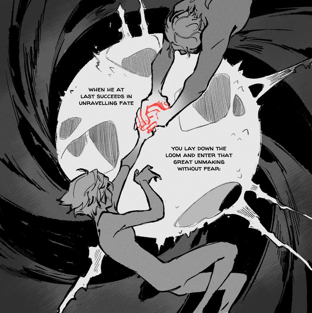 5/7: in the astral sea, jayce and viktor cling tightly to the rune closed in viktor's fist as the anomaly spools apart.

TEXT: "when he at last succeeds in unravelling fate
You lay down the loom and enter that great unmaking without fear:"