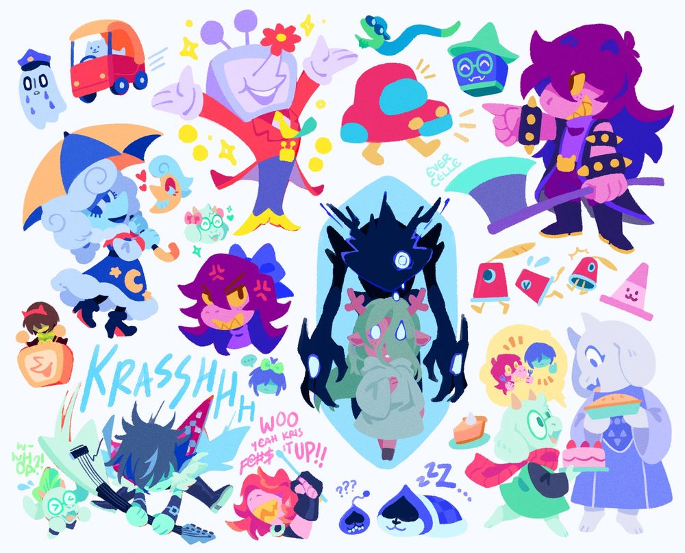 sketch page of lots of little guys: susie holding her axe; cuptains; the dogcone; toriel bearing a pie and ralsei a cake + kris and susie approval; noelle shadowed by the knight; lancer snoozing next to a lancer... slime...??; lightners live! kris smashing their guitar while susie cheers and ralsei panicheers; light world baby kris perched on tenna; lanina modeling her alt outfit; the fun squad wearing ribbons; tenna flower nose version; annoying dog about to mow down copstablook (sorry napstablook. acab) 