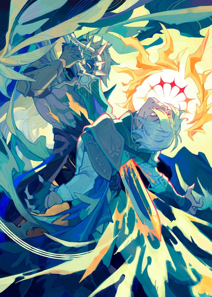 khaslana runs phainon through with dawnmaker. their coronal halo frames phainon's unseeing face, and the eternal recurrence begins again...