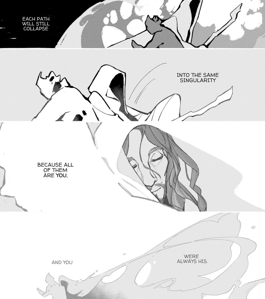 7/7: a series of panels of mage viktor returning to the white space of his wasteland, where hexcorized jayce awaits. viktor sits, leans back against jayce's form, and he, too, unravels.

TEXT:
"each path will still collapse
into the same singularity
because all of them are *you*,
and you
were always his."