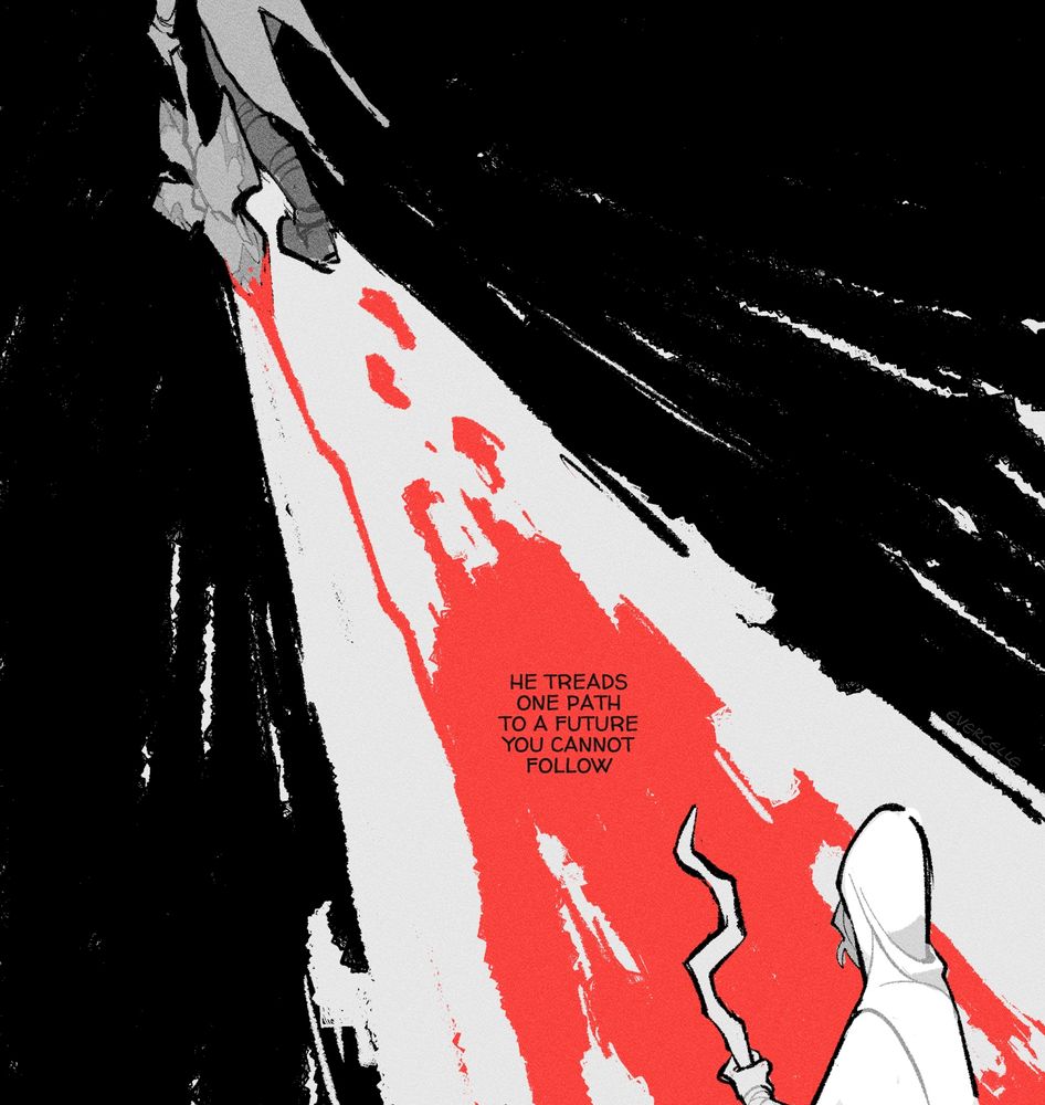 3/7: post-anomaly jayce trudges just out of frame, leaving a bloody track behind him as mage viktor watches, always in his rearview.

TEXT: "He treads one path to a future you cannot follow"