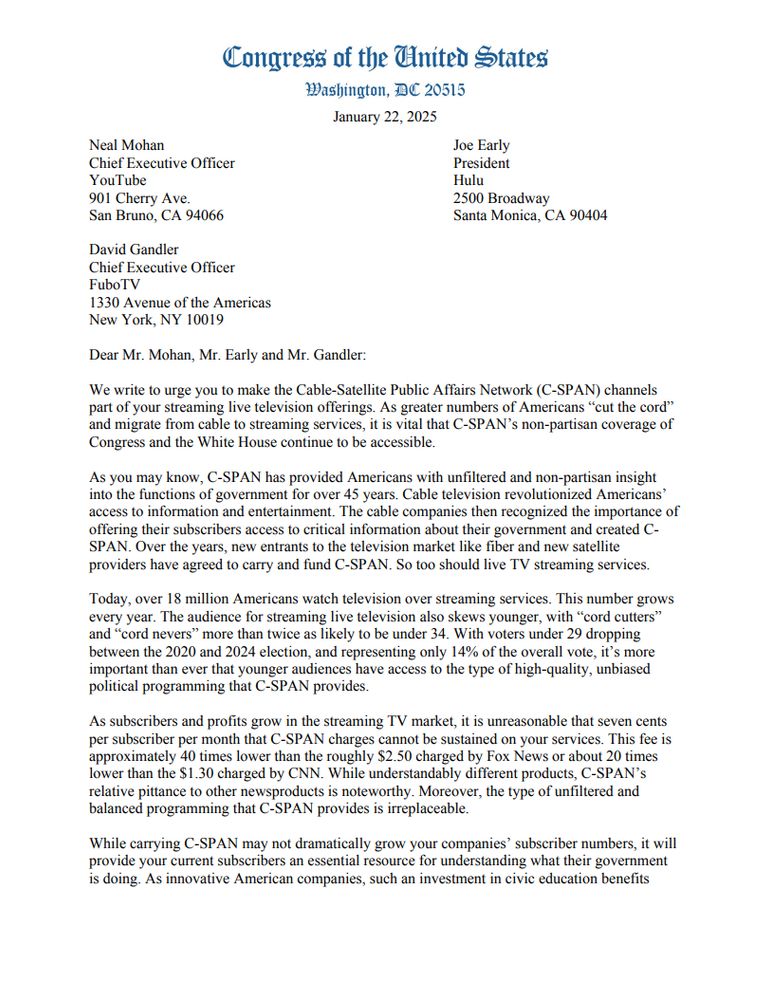 A screenshot of the first page of my letter on official Senate stationary addressed to the largest TV streaming companies urging them to carry C-SPAN. 