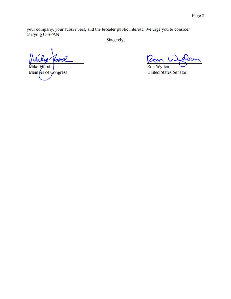 A screenshot of the second page of my letter on official Senate stationary addressed to the largest TV streaming companies urging them to carry C-SPAN. 